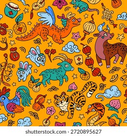 Tiere des chinesischen Tierkreises. Nahtloses Muster mit östlicher Astrologie. Helle Doodle-Kulisse für Teenager und kleine Kinder. Lustiges Sternzeichen. Symbole des Wohlstands für das neue Jahr