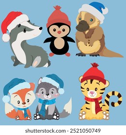 Animals in Christmas hats. Platypus, badger, penguin, tiger, wolf and fox in Santa hats. Vector set.