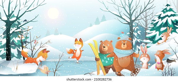 Animals Christmas party, skiing and skating in the forest, winter holidays landscape background.  Vintage greeting card for Christmas party, animals design for children, Vector in watercolor style.