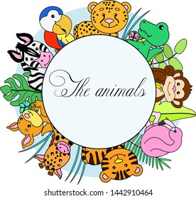Animals in the circle: cheetah, parrot, zebra, kangaroo, monkey, flamingo, crocodile, giraffe, tiger