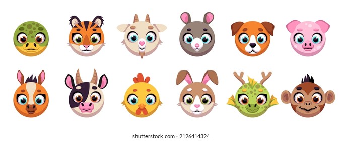 Animals circle faces. Funny cartoon muzzles, round shapes, UI apps icons, cute wildlife characters, chinese horoscope signs, app signs, funny fauna faces. Vector isolated set