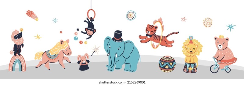 Animals in circus. Kid nursery mural wallpaper. Vector hand drawn illustrations