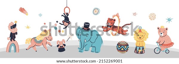 Animals in circus. Kid nursery mural wallpaper. Vector hand drawn illustrations