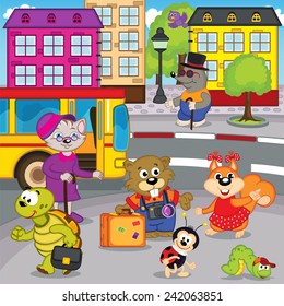 animals in city come by bus - vector illustration, eps