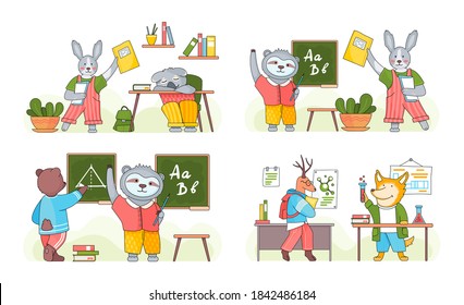 Animals in a classroom. Collection of funny cartoon animals students. Back to school scenes set. Characters of forest inhabitants get an education, studying with books, siting at a desk in class