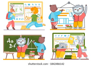 Animals in a classroom. Funny cartoon animals students bear, lion, sloth, deer and koala. Back to school set. Characters of forest inhabitants get an education, studying with books, siting at a desk