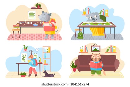 Animals in a classroom and at home. Collection of funny cartoon students. Back to school set. Characters of forest inhabitants get an education, studying with books, siting at a desk, reading