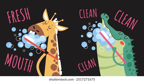 Animals clean teeth cards posters isolated set. Vector flat graphic design cartoon illustration