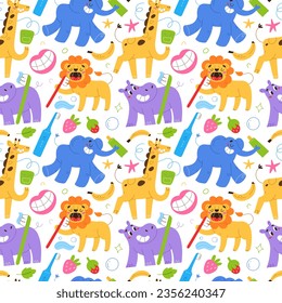 Animals clean teeth with tooth brush, toothpaste for children with fruit taste, dental care for kids, oral hygiene, cute lion, giraffe and elephant and rhino, seamless pattern, repeat tile