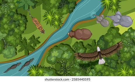 Animals coexist around a vibrant jungle river