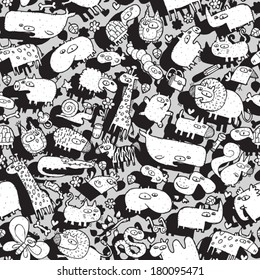 Animals Collage is seamless pattern with doodle drawings of funny animals and objects. Illustration is in eps8 vector mode.