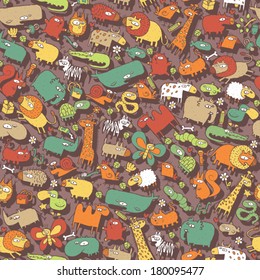 Animals Collage is seamless pattern with doodle drawings of funny animals 