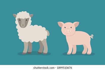 Сartoon animals collection in flat style isolated on white background: sheep and pig.