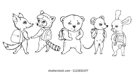 Animals collection: fox, raccoon, bear, mouse and rabbit with school bags on shoulders, hand drawn doodle, sketch, vector outline illustration