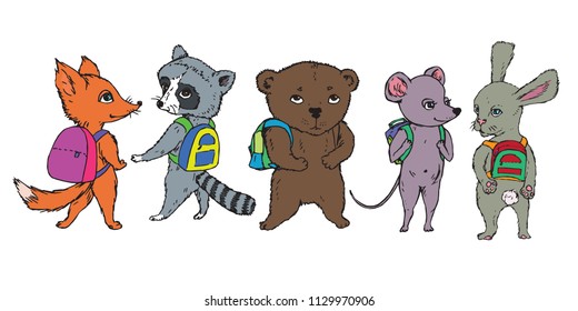 Animals collection: fox, raccoon, bear, mouse and rabbit with school bags on shoulders, hand drawn doodle, sketch, vector color illustration
