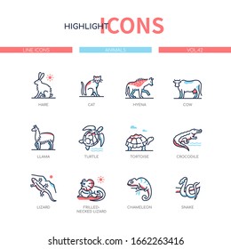 Animals collection - line design style icons set. Images of pets, farm and amphibians. Hare, cat, hyena, cow, llama, turtle, tortoise, crocodile, lizard, frilled-necked lizard, chameleon, snake