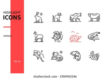 Animals Collection - Line Design Style Icons Set. Bilder von Haustieren, Bauernhöfen und Amphibien. Hase, Katze, Hyena, Kuh, Lamas, Schildkröte, Schildkröte, Krokodile, Eidechsen, gefrillt-hackige Eidechsen, Chamäleon, Schlange