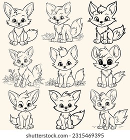 Conjunto de colecciones de animales paquete de página de coloreado de zorros para niños.С ilustración de dibujo manual estilo artóon en contorno negro sobre fondo blanco