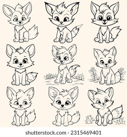 Animals collection set pack of foxes coloring page for children.Сartoon style hand drawing vector illustration in black outline on a white background