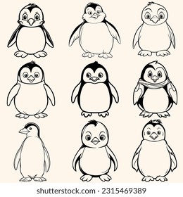 Animals collection set pack of Penguins coloring page for children.Сartoon style hand drawing vector illustration in black outline on a white background