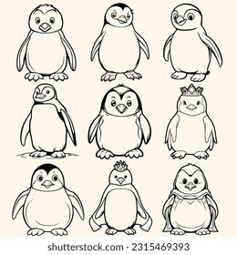 Animals collection set pack of Penguins coloring page for children.Сartoon style hand drawing vector illustration in black outline on a white background