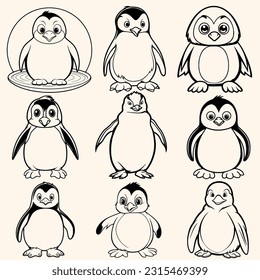 Animals collection set pack of Penguins coloring page for children.Сartoon style hand drawing vector illustration in black outline on a white background