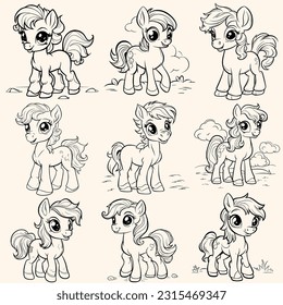 Animals collection set pack of pony coloring page for children.Сartoon style hand drawing vector illustration in black outline on a white background