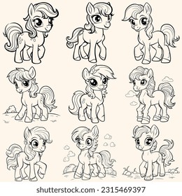 Animals collection set pack of pony coloring page for children.Сartoon style hand drawing vector illustration in black outline on a white background