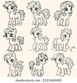 Animals collection set pack of pony coloring page for children.Сartoon style hand drawing vector illustration in black outline on a white background