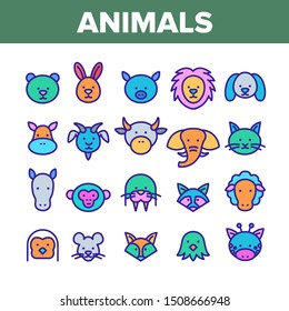 Animals Collection Wild And Farm Icons Set Vector Thin Line. Bear And Rabbit, Pig And Cow, Elephant And Lion, Monkey And Horse Animals Concept Linear Pictograms. Color Contour Illustrations
