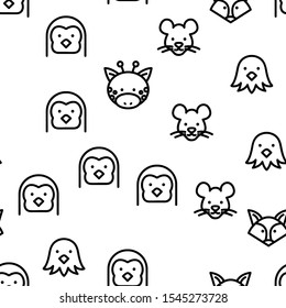 Animals Collection Wild And Farm Vector Seamless Pattern Thin Line Illustration