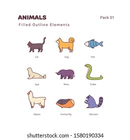 Animals color linear illustration elements icons