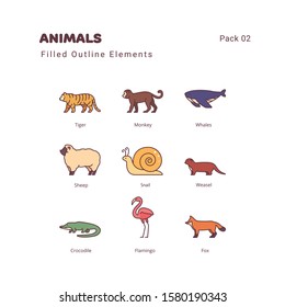 Animals color linear illustration elements icons