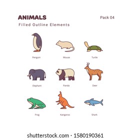 Animals color linear illustration elements icons