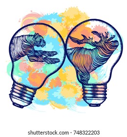 Animals color tattoo and t-shirt design. Jaguar attacking a reindeer. Wild animals in light bulbs. Line art and water color splashes 