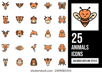 Animals Colored Outline Icon Set. Containing eagle, giraffe, elephant, bat, horse, frog, butterfly, dog, dolphin, cheetah, gorilla, cow, fish, bear, cat, deer, fox, bee, flamingo, antelope, duck, crab
