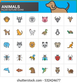 Animals colorful line icons set, filled outline vector symbol collection, linear pictogram pack isolated on white. Signs, logo illustration