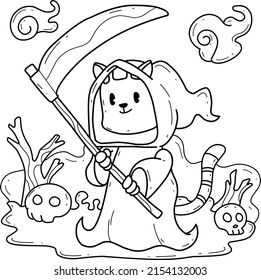 animals coloring book alphabet. Isolated on white background. Vector cartoon cat grim reaper.