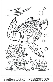 Animals coloring book. Sea creatures drawing. Fish cartoon. Sea ​​turtle coloring page. Sea life childrens illustration. Animals cartoon