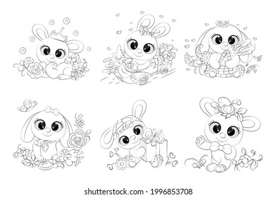 Animals for coloring book. A set of cute bunny for kids coloring book, in a set of six animals with cute faces. Illustrations are made in outline cartoon style