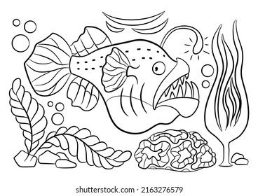 Animals coloring book. Underwater world outline. Fish doodle. Angler fish coloring page. 