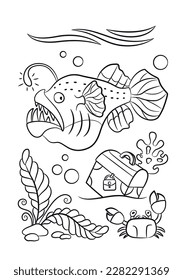 Animals coloring book. Underwater world outline. Fish doodle. Angler fish coloring page. Animals cartoon