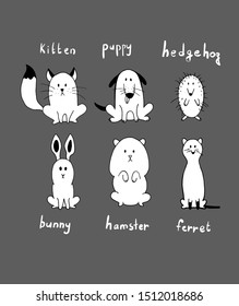 Animals for coloring: dog, cat, hedgehog, ferret, hamster, rabbit