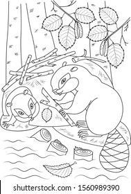 Animals coloring page. Beavers contour. Children's background. Animals cartoon