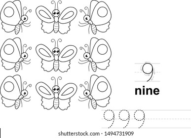 Animals Coloring page. Child development and education. A Practical sheet from a set of exercises game for kids. Math exercises for the study of numbers. Educational a mathematical game. 