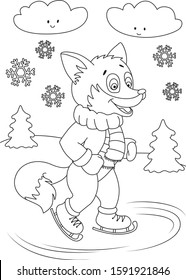 Animals coloring page. Fox vector. Winter background. Animals cartoon. Cute animal character for kids design. Black and white illustration perfect for coloring book