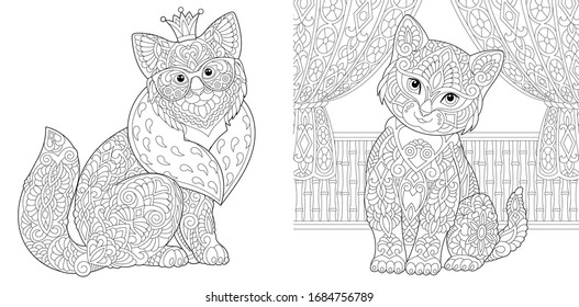 Animals. Coloring pages. Cute cats on vintage background. Line art design for adult or kids colouring book in zentangle style. Vector illustration.