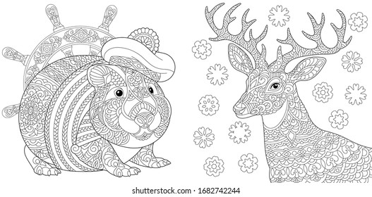 Animals. Coloring pages. Cute seaman hamster and Christmas reindeer. Line art design for adult or kids colouring book in zentangle style. Vector illustration. 