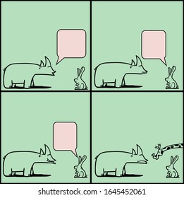 Animals communicate and, at the end of the conversation, smile vilely. A giraffe interferes in their dialogue, which the rhino and the hare really do not like.