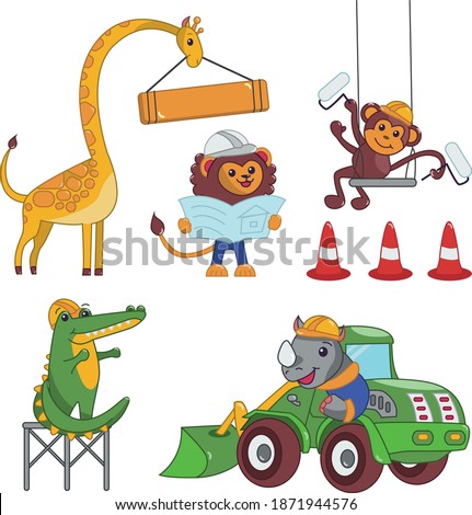 Animals at a construction site - drawing for children. Lion, giraffe, monkey, crocodile, rhinoceros - set of icons on white background
